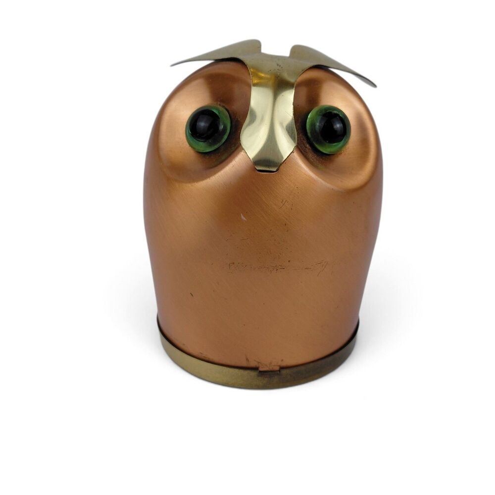 Vintage Owl  Copper Brass Coin Bank MCM Coppercraft Green Glass Eyes
